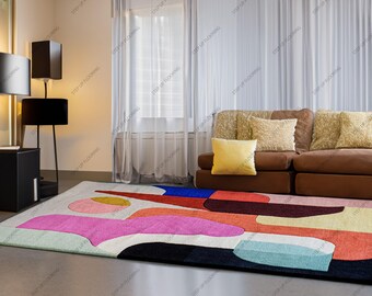 Colorful Abstract Geometric Hand Tufted Wool Rug | Modern Art Area Rug for Living Room | Funky Bauhaus Style Plush Carpet | Custom Rugs
