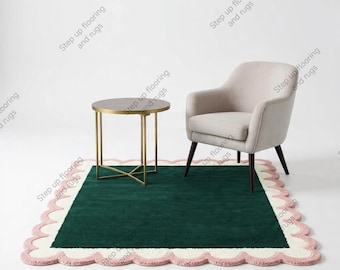 Green Scalloped Wool Rug, Pink and Cream Wavy Border Hand Tufted Area Rug, Preppy Room Decor, Grandmillennial Nursery Rug, Custom Size