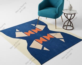 Hand Tufted Wool Rug Abstract Blue Geometric Area Rug Modern Pop Art Monster Design Carpet Playful Kids Room Decor Eclectic Home Decor