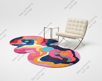 Hand Tufted Wool Rug Colorful Abstract Wavy Area Rug Irregular Shaped Tufted Carpet Maximalist Pop Art Decor Funky Retro Living Room Rug
