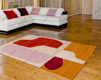Hand Tufted Wool Rug Abstract Mid Century Modern Area Rug Colorful Geometric Rug for Living Room Bedroom Pink Red Orange Custom Carpet