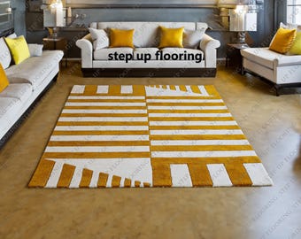 Mustard Yellow & White Striped Geometric Hand Tufted Wool Rug | Modern Abstract Area Rug for Living Room | Mid Century Boho Aesthetic Decor