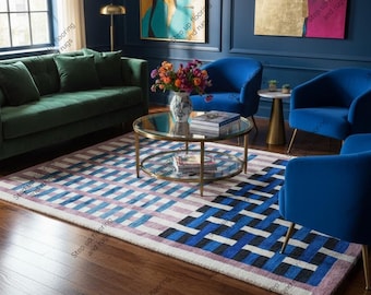 Modern Geometric Hand Tufted Wool Rug Blue Pink White Basketweave Area Rug Maximalist Living Room Carpet Colorful Custom Tufted Area Rug