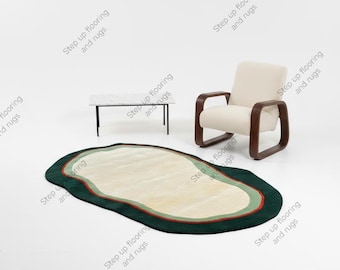 Abstract Organic Shape Rug Dark Green Cream Wavy Edge Hand Tufted Wool Area Rug Modern Aesthetic Mid Century Decor Custom Living Room Rug