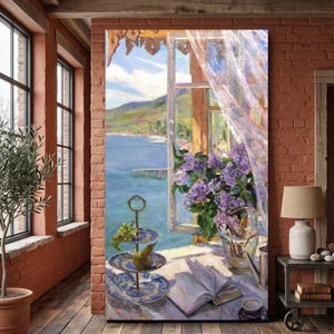 May include: A vertical painting depicting an open window overlooking a blue sea and mountains. On the windowsill sits a tiered blue and white porcelain stand with grapes and a pear, a vase of purple lilacs, an open book, and a small teacup.