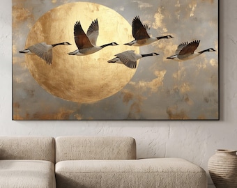Flying Geese Canvas Wall Art, Golden Sun Abstract Background, Nature Bird Scene, Elegant Wildlife Canvas, Home Decor Ready to Hang