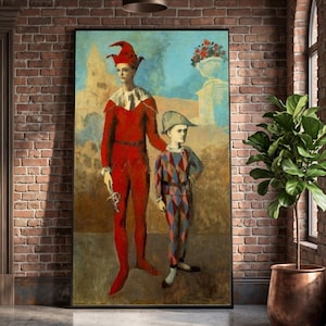 May include: A framed painting depicting two figures in jester costumes. The taller figure wears a solid red suit and hat with a white collar. The shorter figure wears a multi-colored diamond-patterned suit and a hat. A stone urn with flowers is visible.