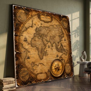 Puede incluir: Un gran cuadro rectangular que muestra un mapa del mundo de estilo antiguo titulado Typus Orbis Terrarum, con tonos sepia, texturas de papel envejecido y una destacada ilustración de una brújula náutica dorada en la esquina inferior derecha.