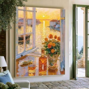 May include: A framed painting depicting a sunlit harbor view through an open window. On the windowsill sits a glass of amber liquid, a bottle of liquor, and a ceramic vase filled with orange flowers. The scene features warm yellow tones.