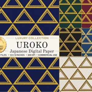 Puede incluir: Una colección de seis papeles digitales con un patrón geométrico repetitivo de triángulos en dorado sobre varios colores de fondo, incluyendo azul marino, verde, granate, negro y blanco. El texto dice LUXURY COLLECTION UROKO Japanese Digital Paper.
