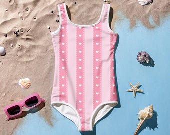 All-Over Print Pink With Pink Stripes and Hearts Kids Swimsuit