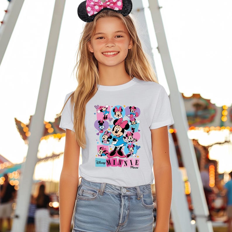 May include: A white t-shirt featuring a colorful graphic of Minnie Mouse in various poses, with the text "Disney Minnie Mouse". The shirt is worn with denim shorts and a black headband with a pink polka dot bow.