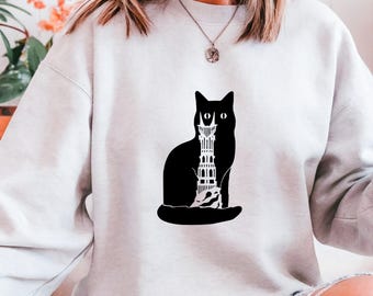 Cat Lover Unisex Sweatshirt - Black Cat Building Graphic Tee