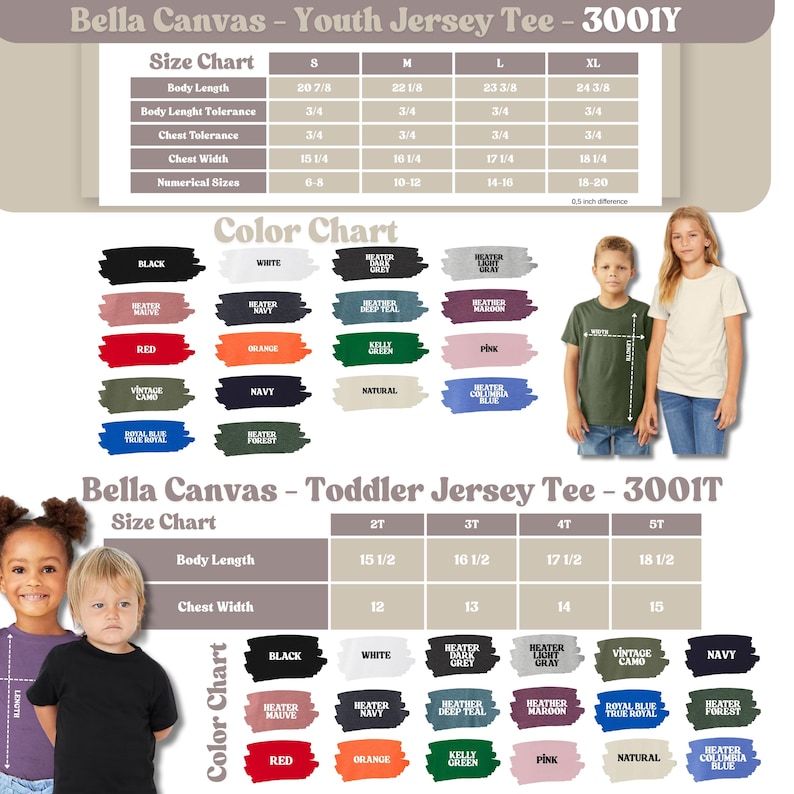 May include: Image features size and color charts for Bella Canvas Youth and Toddler Jersey Tees. The color chart displays various colors, including black, white, red, and navy. The size chart provides measurements for body length and chest width.