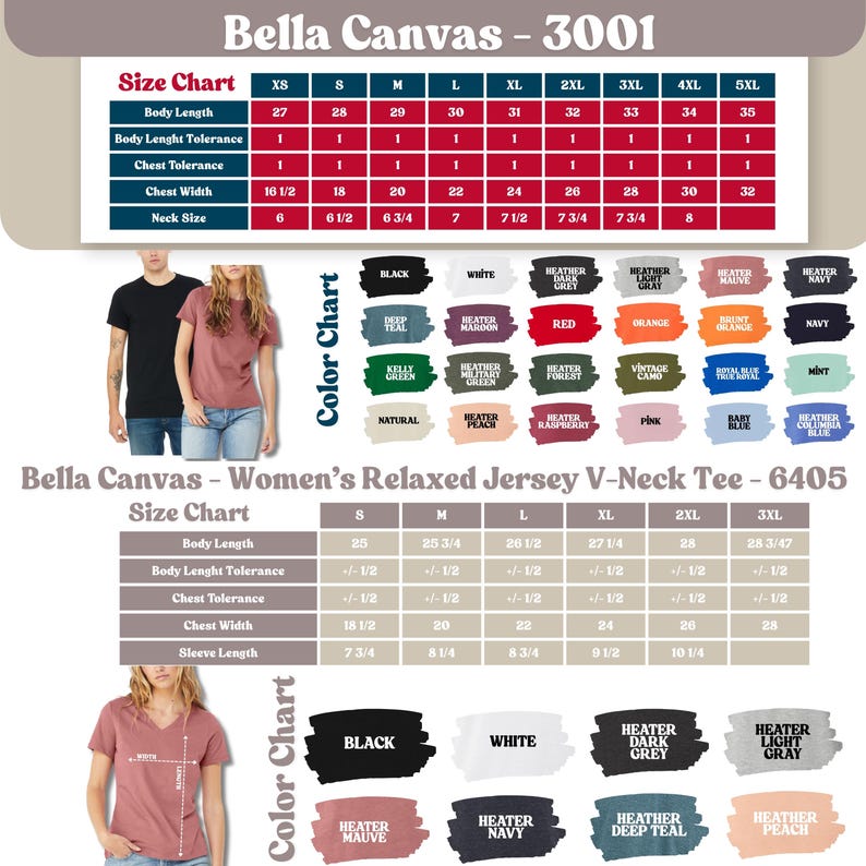 May include: Image features size and color charts for Bella Canvas t-shirts. Charts include measurements for body length, chest width, and neck size in inches. Color swatches display various shades, including black, white, and heather gray. The text "Bella Canvas - 3001" and "Bella Canvas - Women's Relaxed Jersey V-Neck Tee - 6405" are visible.