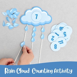 May include: A blue and white rain cloud counting activity set. The set includes a cloud with the number 7, blue raindrop cutouts, and numbered circles. The text "Rain Cloud Counting Activity" is at the bottom.
