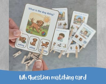 May include: Educational matching cards with the text "What is the dog doing?" feature illustrations of a dog playing, eating, sitting, and running. The cards are held with wooden clothespins.