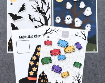 Könnte beinhalten: Ein Set aus drei Halloween-Aktivitätsblättern mit Cartoon-Illustrationen. Ein Blatt zeigt schwarze Fledermäuse auf weißem Grund, ein weiteres weiße Geister in einem Baum bei Nacht und das dritte bunte Spinnen auf einem Spinnennetz.