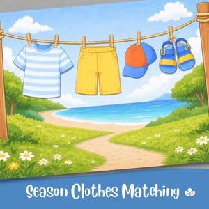 Puede incluir: Ilustración de ropa de verano colgada en un tendedero. Se muestra una camiseta a rayas azules y blancas, pantalones cortos amarillos, una gorra de béisbol azul y naranja y sandalias azules. El fondo muestra una escena de playa y el texto "Season Clothes Matching".
