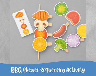 Jeu d'associations de brochettes barbecue/activité préscolaire jeu/brochettes séquençage/modèles d'aliments cartes imprimables/préscolaire motricité fine | téléchargement immédiat