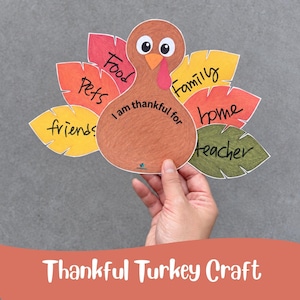 May include: A paper turkey craft with a brown body and colorful leaf-shaped feathers in red, yellow, and green. The body features the text I am thankful for, while the feathers are labeled with handwritten words: Food, Pets, friends, Family, home, and teacher.