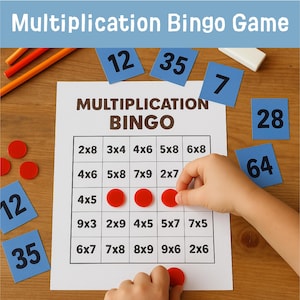 May include: A Multiplication Bingo game with the title at the top. The game includes a bingo card, red markers, and blue number cards. The game is designed to help children learn multiplication facts. The game is on a wooden surface.