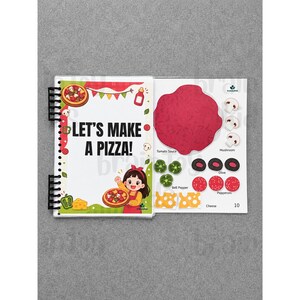 May include: A spiral-bound children's activity book with the text "LET'S MAKE A PIZZA!" and illustrations of pizza ingredients. The book features a cartoon girl holding a pizza, along with images of tomato sauce, mushrooms, olives, and cheese.