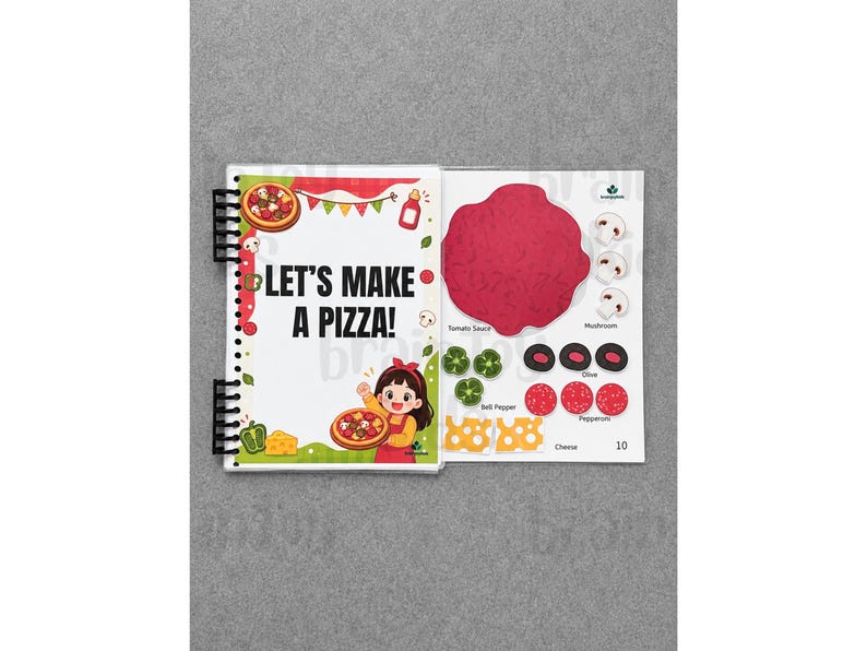 May include: A spiral-bound children's activity book with the text "LET'S MAKE A PIZZA!" and illustrations of pizza ingredients. The book features a cartoon girl holding a pizza, along with images of tomato sauce, mushrooms, olives, and cheese.