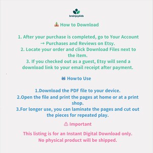 May include: A digital download information sheet with instructions on how to download and use a PDF file purchased on Etsy. The sheet includes steps for downloading, printing, and laminating the pages for repeated use. The text also states that this is a digital download only.