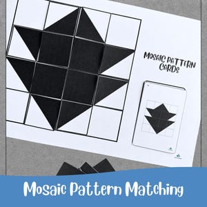 Può includere: Un set di attività per l'abbinamento di motivi a mosaico con una griglia bianca e tessere geometriche bianche e nere. Il testo MOSAIC PATTERN CARDS è stampato accanto a una piccola scheda che mostra un motivo a triangoli bianco e nero.