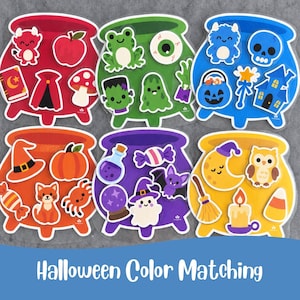 Puede incluir: Seis tableros coloridos con forma de caldero para una actividad de asociación de colores de Halloween. Cada tablero presenta recortes temáticos que incluyen un diablo rojo, una rana verde, un monstruo azul, una calabaza naranja, una poción morada y un búho amarillo, con el texto Halloween Color Matching.