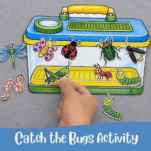 May include: A blue and yellow bug catcher toy with a variety of colorful bug cutouts, including a dragonfly, butterfly, ladybug, and caterpillar. The text "Catch the Bugs Activity" is at the bottom of the image.