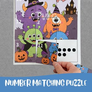Puede incluir: Un rompecabezas de correspondencia numérica con temática de Halloween que presenta monstruos de dibujos animados coloridos, calabazas y una casa embrujada. La cuadrícula muestra varios cuadrados numerados, incluyendo 10, 12, 2, 9, 3 y 11, y siete puntos negros.