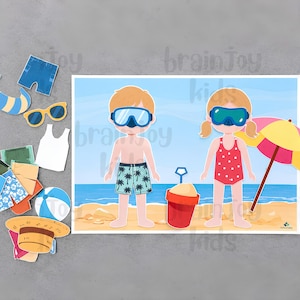 Poupée de papier à habiller d'été à imprimer | Poupée de plage découpée pour enfants | Activité d'habillage de garçon et de fille, jeu de simulation, travaux manuels d'été image 5