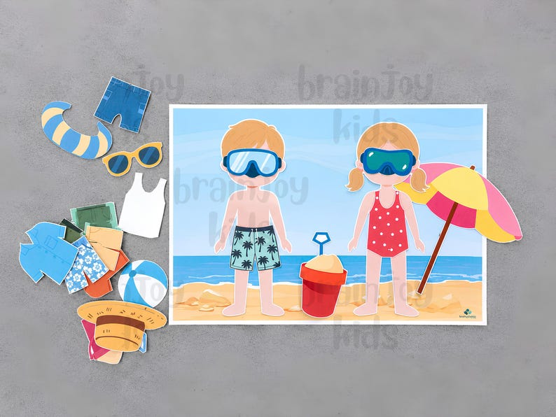 Poupée de papier à habiller d'été à imprimer | Poupée de plage découpée pour enfants | Activité d'habillage de garçon et de fille, jeu de simulation, travaux manuels d'été image 5