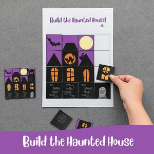 Könnte beinhalten: Ein Build the Haunted House Aktivitätsblatt mit einem Raster und quadratischen Kacheln, die Halloween-Motive wie Fledermäuse, einen Vollmond, eine schwarze Katze, ein Gespenst, Fenster, Ziegelwände und einen Grabstein mit RIP-Text zeigen.