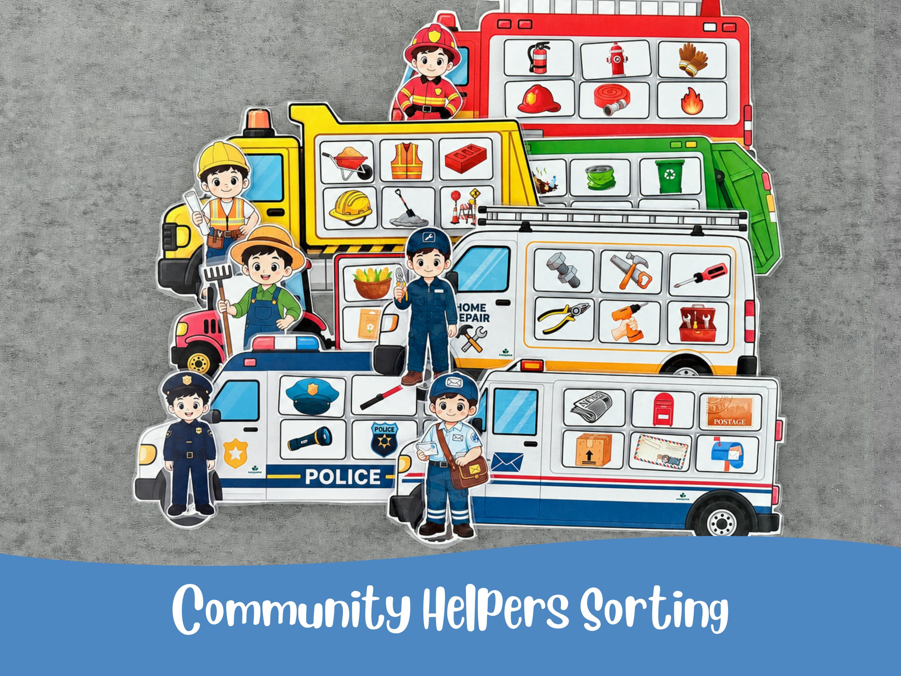 May include: A set of Community Helpers Sorting cutouts featuring cartoon illustrations of a firefighter, construction worker, farmer, repair person, police officer, and mail carrier alongside their respective vehicles and tools with labelled icons.