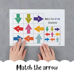 May include: A white paper with a grid of colorful arrows, labeled "Match the Arrow Directions." The arrows are in various colors, including green, yellow, purple, red, pink, orange, blue, and light blue. The text "Match the arrow" is at the bottom.