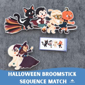 Könnte beinhalten: Ein Halloween-Lernset mit einem großen Ausschnitt eines schwarzen Katers, Vampirs, einer Mumie und einer Kürbisfigur auf einem Besenstiel, einem separaten Ausschnitt eines Geistes und einer Hexe sowie Karten mit derselben Sequenz.