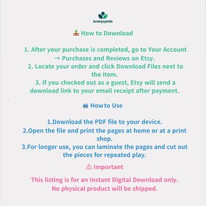 May include: A white and teal graphic with instructions on how to download and use a digital product from Etsy. The text includes steps for downloading, opening, and printing the PDF file. It also states that the listing is for a digital download only.