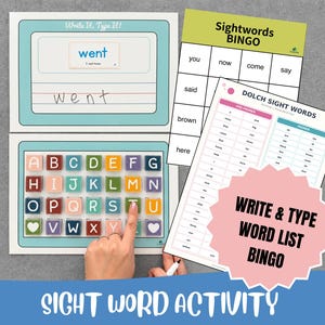 Puede incluir: Conjunto de actividades educativas de palabras visuales que incluye tarjetas Write It, Type It, una cuadrícula alfabética colorida, una tarjeta de BINGO de Sightwords y una lista de Dolch Sight Words. Los materiales incluyen texto impreso y un gráfico de estrella rosa con el texto WRITE & TYPE WORD LIST BINGO.