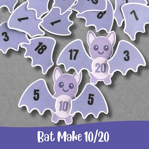Può includere: Una collezione di sagome a forma di pipistrello color viola chiaro con numeri neri stampati sulle ali e sulla pancia. Due pipistrelli sono visibili con i numeri 5, 10, 17 e 20. Il testo "Bat Make 10/20" è stampato in bianco in basso.