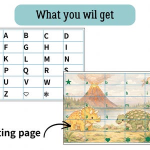 May include: Two printable cutting pages with a dinosaur theme. One page features the alphabet in a grid, and the other showcases a landscape with dinosaurs, a volcano, and the alphabet. The text "What you will get" is at the top.