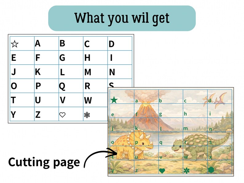 May include: Two printable cutting pages with a dinosaur theme. One page features the alphabet in a grid, and the other showcases a landscape with dinosaurs, a volcano, and the alphabet. The text "What you will get" is at the top.