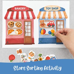 May include: A watercolor illustration of a store sorting activity. The image features a bakery and a toy shop, each with various food and toy stickers. The text "Store Sorting Activity" is at the bottom of the image.