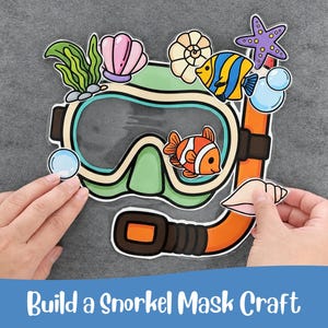 May include: A paper craft kit featuring a light green snorkel mask with an orange snorkel, decorated with colourful illustrations of a clownfish, a yellow angelfish, a purple starfish, seashells, green seaweed, and blue bubbles, with the text Build a Snorkel Mask Craft.