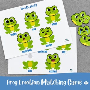 Puede incluir: Un juego educativo para niños con ilustraciones de ranas verdes que representan diversas emociones. El juego incluye tarjetas con emociones como "feliz", "triste" y "enfadado", así como recortes de ranas a juego. El texto "Frog Emotion Matching Game" también está presente.