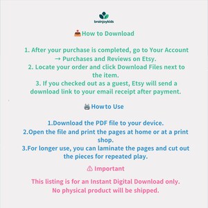 以下が含まれることがあります： brainjoykidsのロゴが入った、ダークブルーのサイドボーダー付きの白い情報グラフィック。Etsyアカウントでのダウンロード手順や印刷方法、デジタル配信に関する注意書きなど、デジタルファイルのダウンロードと使用方法に関する説明が記載されています。