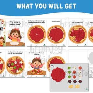 May include: A colorful educational activity set titled "Let's Make a Pizza!" featuring illustrated steps for making pizza, including adding cheese, pepperoni, mushrooms, bell peppers, and olives. Includes cut-out pizza toppings and a pizza base.