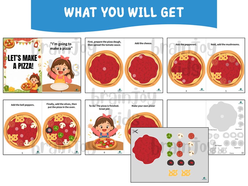 May include: A colorful educational activity set titled "Let's Make a Pizza!" featuring illustrated steps for making pizza, including adding cheese, pepperoni, mushrooms, bell peppers, and olives. Includes cut-out pizza toppings and a pizza base.